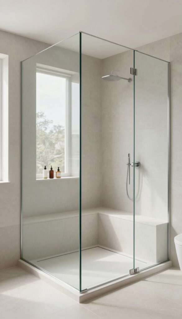 Bright modern standing shower with a built-in tiled bench seat integrated into the wall, finished in the same light gray tile for a seamless open look