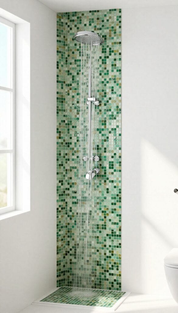 Bright bathroom shower with a vertical mixed green mosaic feature strip surrounded by plain white tile and natural light