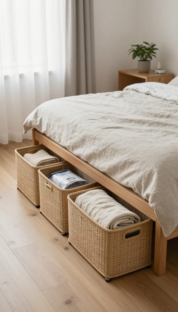 Bright shared bedroom with matching under-bed storage bins holding folded blankets and bedding, natural light, clean and organized.