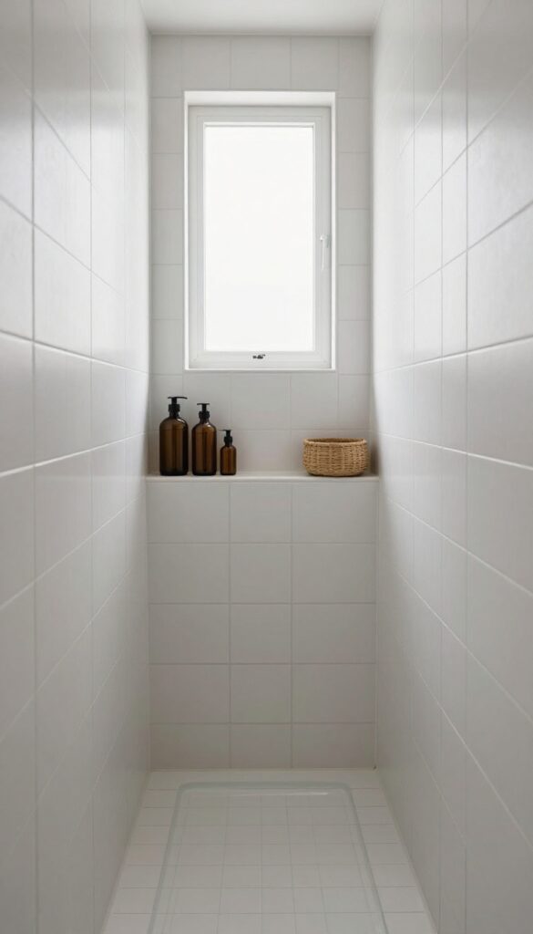 Recessed tiled storage niche in a bright narrow bathroom shower wall holding neatly arranged bottles and a small basket