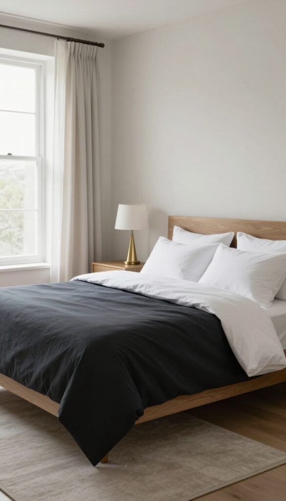 A bright, elegant bedroom styled with deep charcoal dark bedding contrasted by white sheets and pillows, warm wood and brass accents, and soft layered lighting for a sophisticated look.