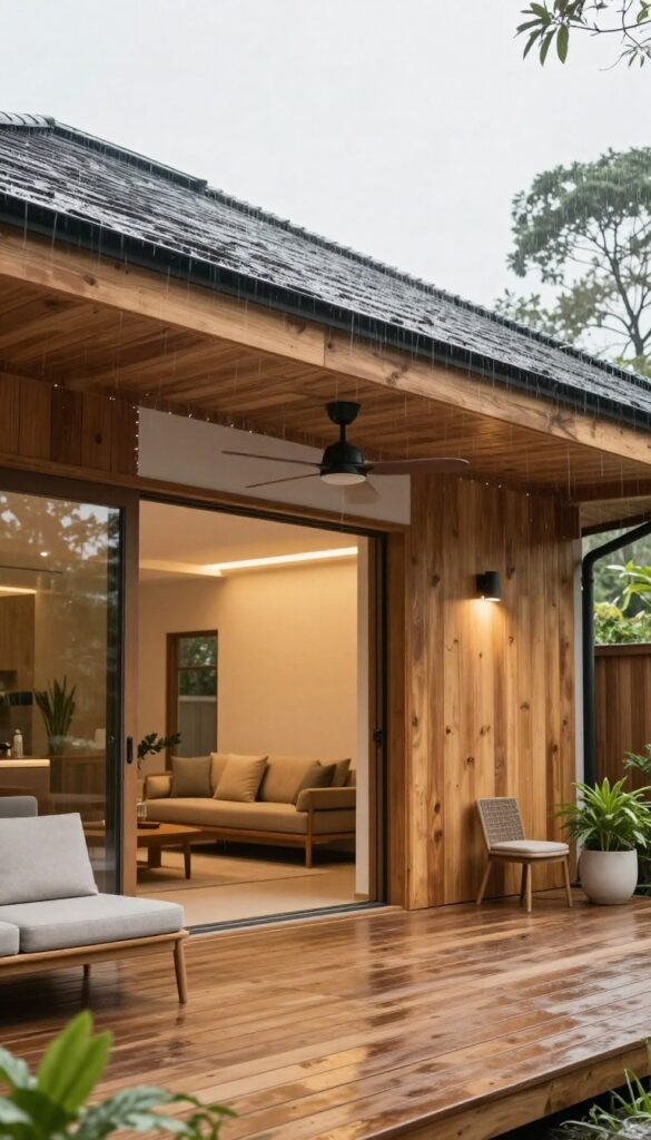 A finished insulated deck roof with a white ceiling, ceiling fan, and heater creating a cozy year-round outdoor living space on a rainy day.