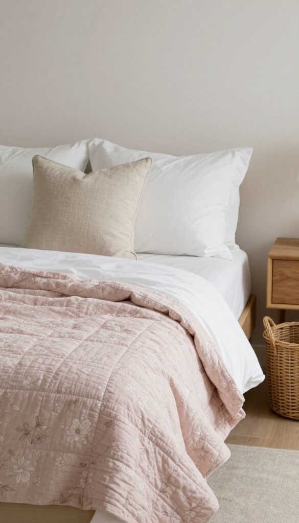 Bright cottage-style bedroom with a pink floral quilted quilt folded over white cotton sheets and a neutral lumbar pillow, styled with natural wood and wicker accents in soft daylight.