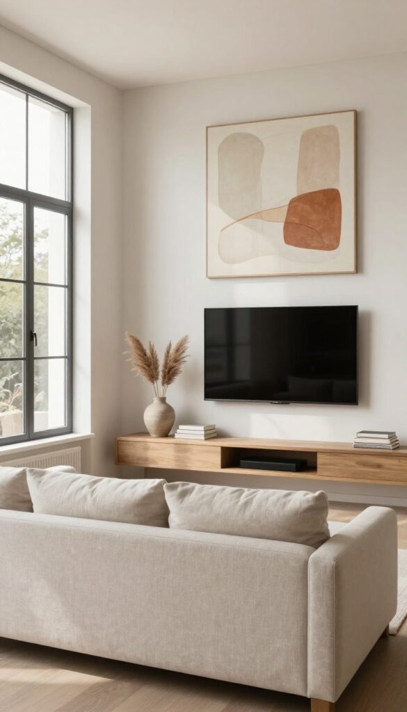 Modern minimalist living room with a flush-mounted frame TV displaying abstract artwork above a light oak console with dried pampas grass in a ceramic vase, soft natural light, neutral tones