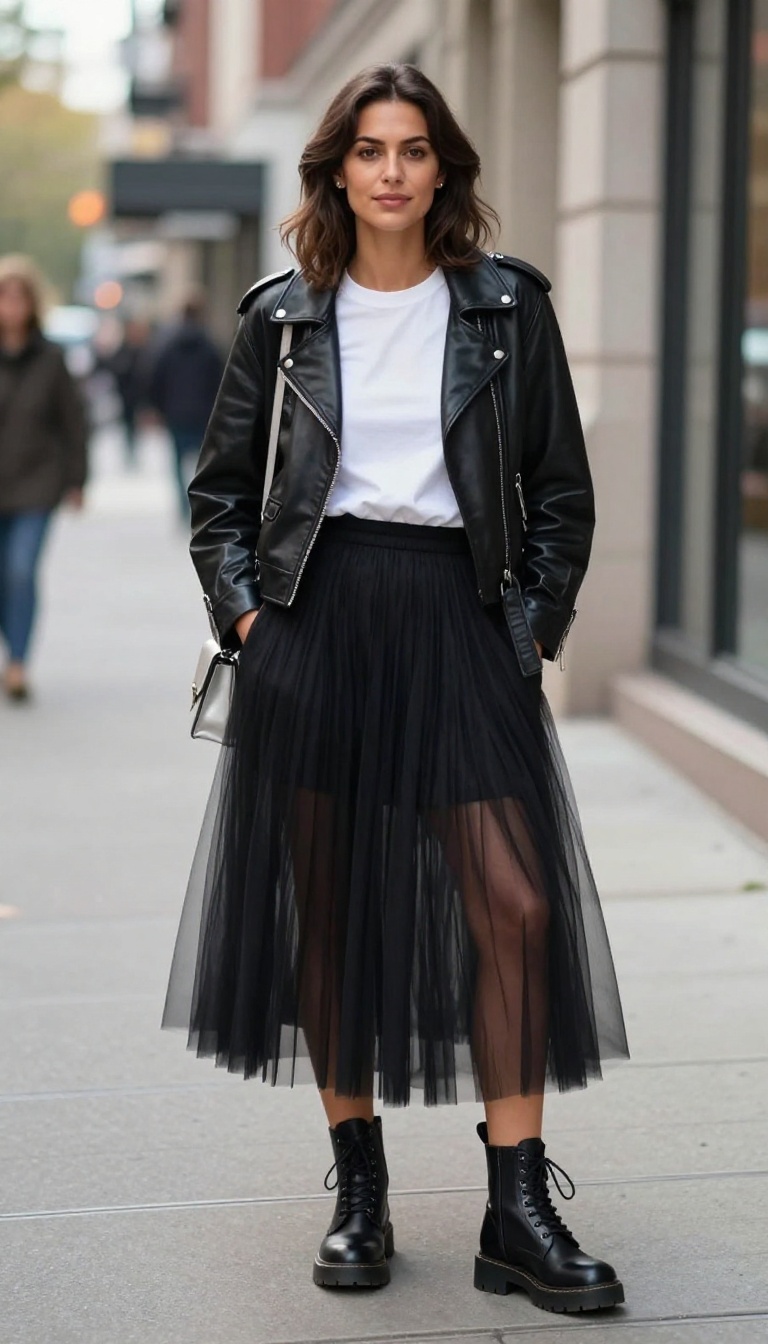 4. Leather Moto Jacket Over a Tulle Skirt