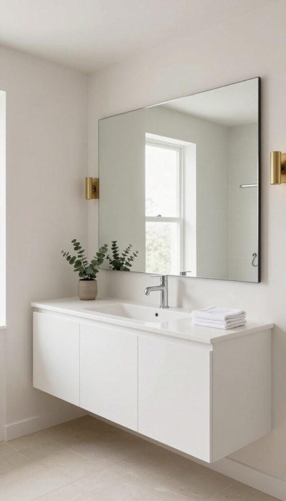Bright modern bathroom with a single white floating vanity and a large frameless wall-spanning mirror reflecting the open room, flanked by brass sconces, with a small plant and folded towel on the counter.