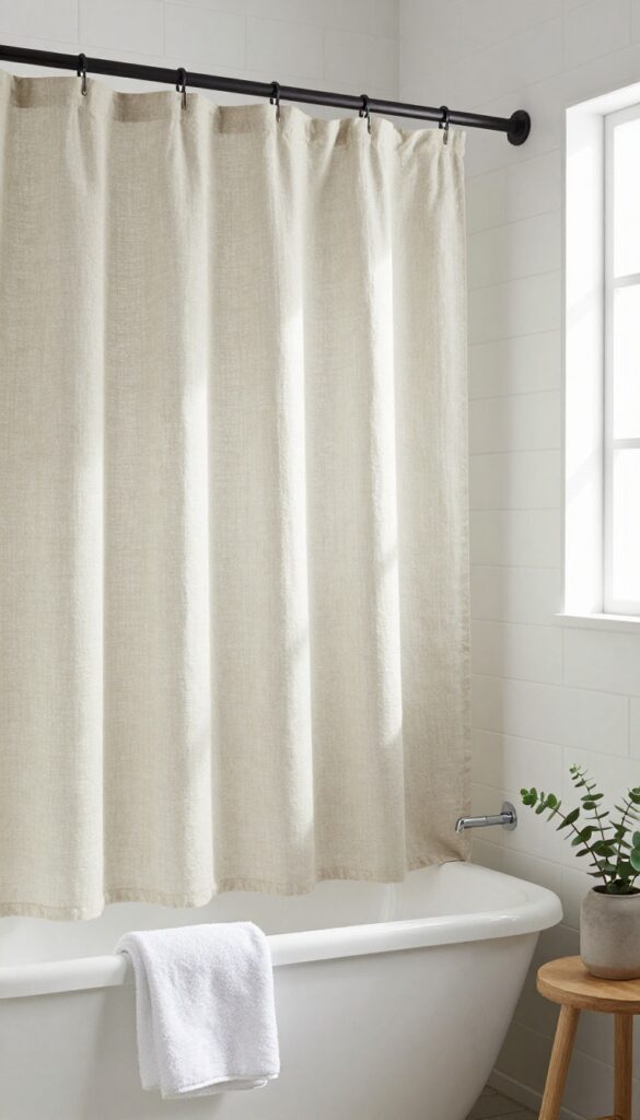 Bright minimal bathroom with a soft neutral linen shower curtain in light beige hanging from a high matte black rod, natural light filtering through the fabric, white tile walls, and a small potted plant on a wooden stool.