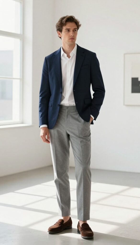 Man in navy blazer with grey trousers and suede loafers in a bright gallery