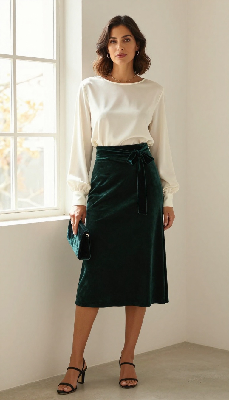 10. Velvet Skirt with a Velvet Belt and Silk Blouse