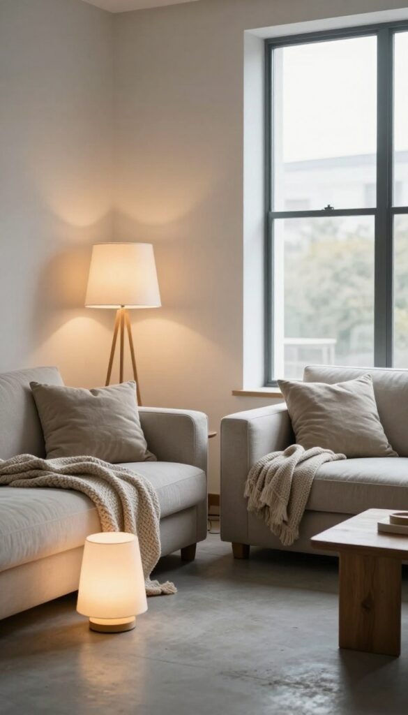 Cozy living room with grey floors lit by warm table and floor lamps with soft fabric shades, layered lighting at different heights, neutral sofa and knit blanket, bright natural light from a window.
