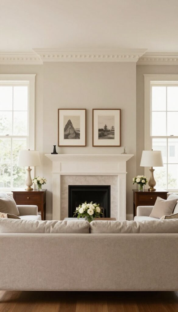 Symmetrical formal living room with a centered sofa and matching armchairs flanking a fireplace, identical side tables and lamps, and balanced artwork in bright natural light