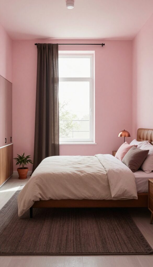 5. Earthy Pink Walls With Dark Brown Textiles idea