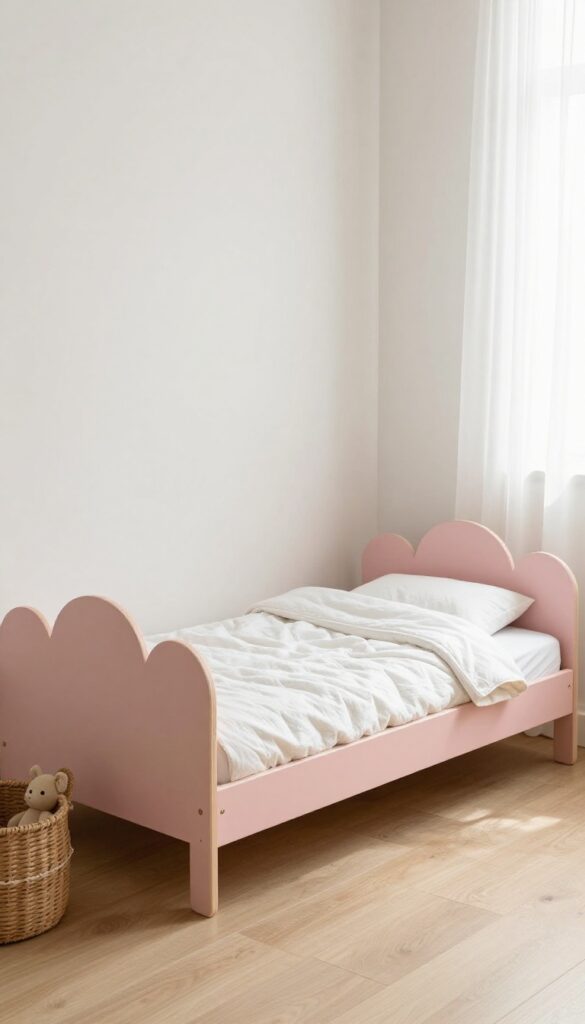 Bright toddler bedroom with a low castle-style bed frame featuring painted plywood arch and turret headboard details, simple breathable bedding, and open floor space for play