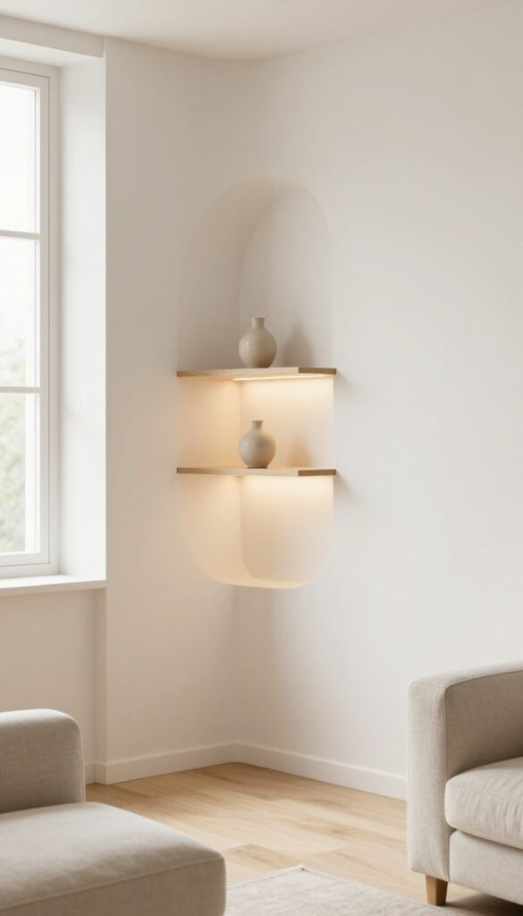 Bright living room corner with a curved built-in wall niche holding floating shelves, a small vase, and soft LED lighting