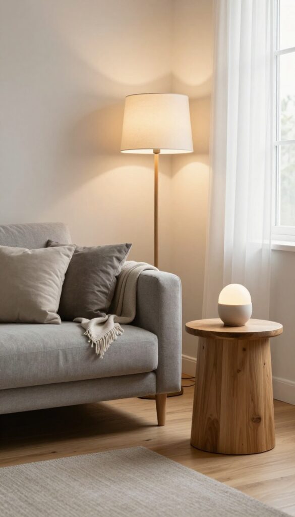 Cozy living room corner with a large gray sofa, a warm fabric-shade floor lamp, and a wooden side table topped with a small glowing lamp in soft layered light