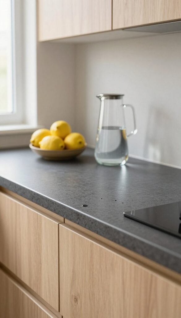 Matte charcoal honed quartz kitchen countertop with warm wood cabinets, a glass of water and lemons in bright natural light, showing a smudge-resistant non-reflective finish