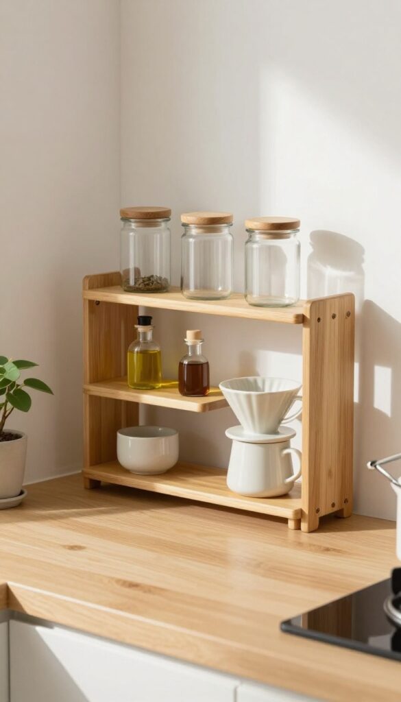 A bright kitchen corner styled with a three-tier bamboo shelf holding unlabeled spice jars, oil bottles, and a small coffee setup on a clean countertop.