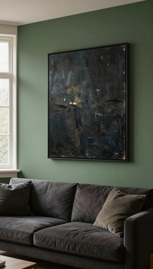 Moody living room with an oversized dark abstract painting hung low on a deep green wall above a dark sofa