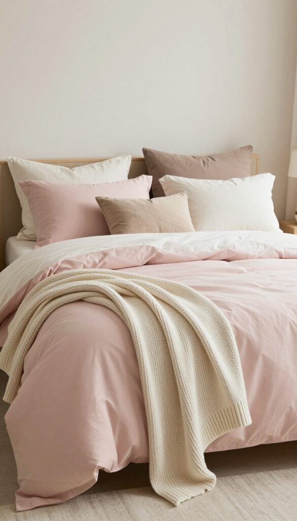 Cozy bed with layered soft pink and neutral bedding, including a blush duvet, cream knit throw, beige blanket, and mixed pink and ivory pillows in a bright bedroom.
