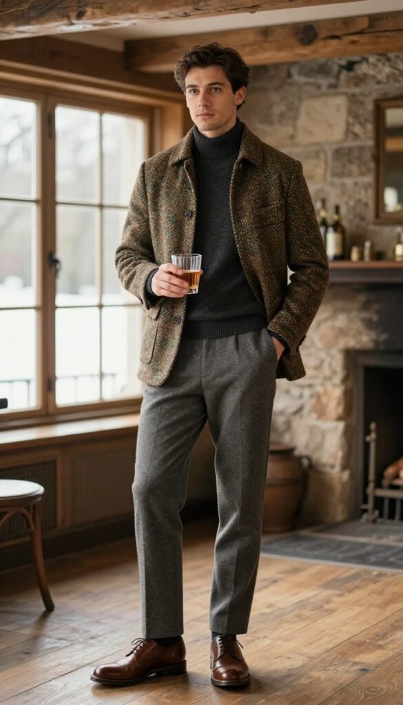 A man in a Donegal tweed jacket, charcoal mock-neck sweater, grey wool trousers, and brogues standing in a rustic country pub with warm natural light.