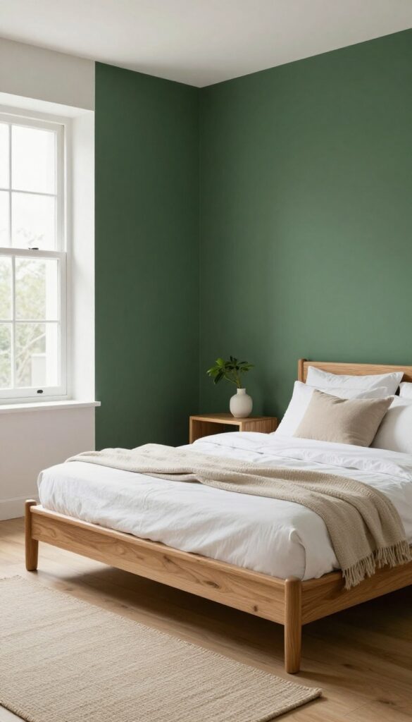 Bedroom with a deep forest green matte accent wall behind a wooden bed with neutral white and beige bedding, bright natural light, and minimal earthy decor.