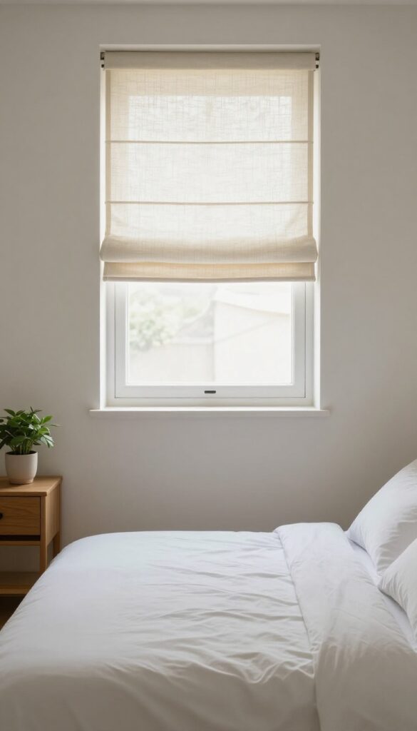 Small bright bedroom with a neutral woven Roman shade mounted inside the window frame, minimal decor, and soft natural light