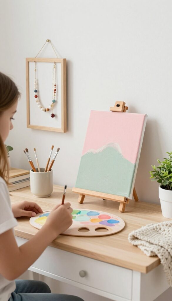 Bright teen girl's bedroom corner with a DIY décor setup including a half-painted canvas on an easel, paintbrushes, a handmade jewelry display, and a blank wooden sign in soft pastel tones.