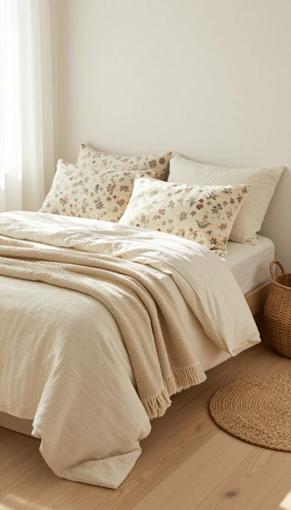 Cottagecore bedroom with wildflower bedding, mismatched vintage pillowcases, layered quilts, linen curtains, and a woven basket in soft natural light