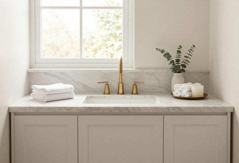 Bright spa-like luxury bathroom with a statement vanity, marble-look countertop, soft natural light, and neatly styled neutral decor