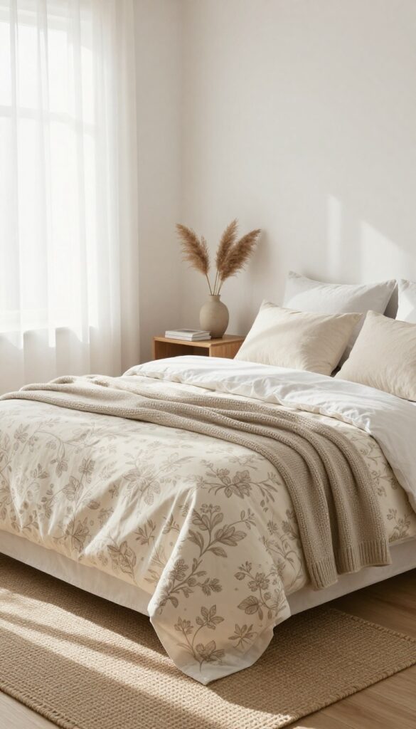 Neutral floral comforter in beige and cream on a sunlit bed with textured throw and jute rug in a calm, timeless bedroom.