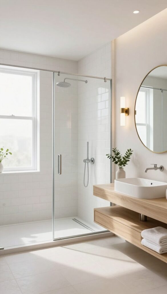 Bright modern bathroom with a double-sided half wall in white tile separating a glass shower from a floating wood vanity area, lit by natural light.