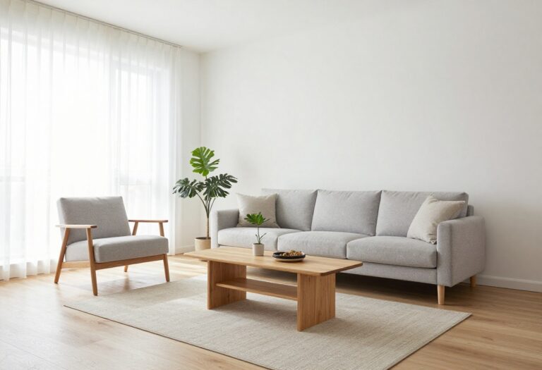 Bright small living room with a floating sofa pulled away from the wall, an angled accent chair, a large area rug, and natural light from a tall window