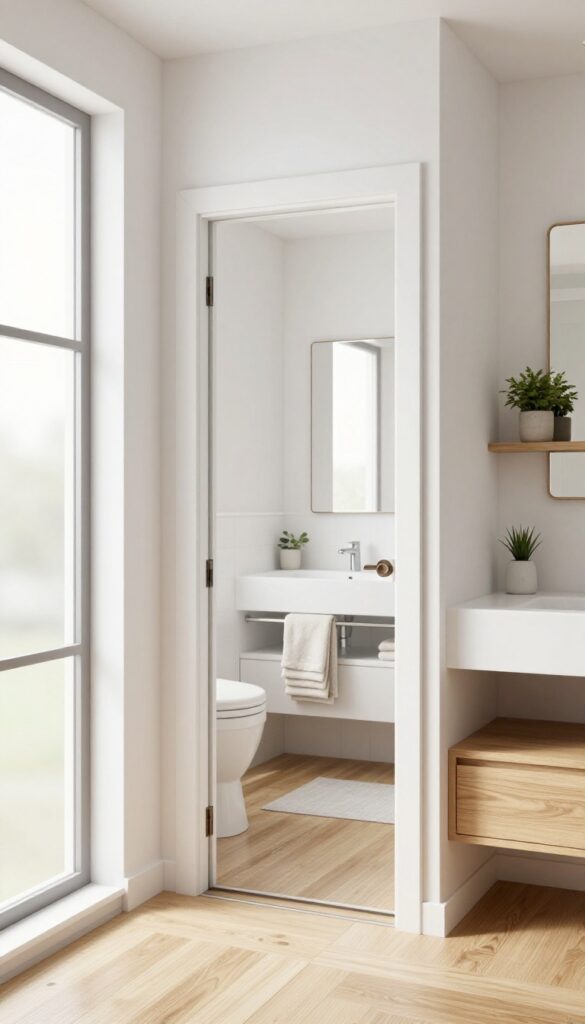Bright small bathroom with a mirrored pocket door reflecting warm wood shelves and natural light, making the space look larger.