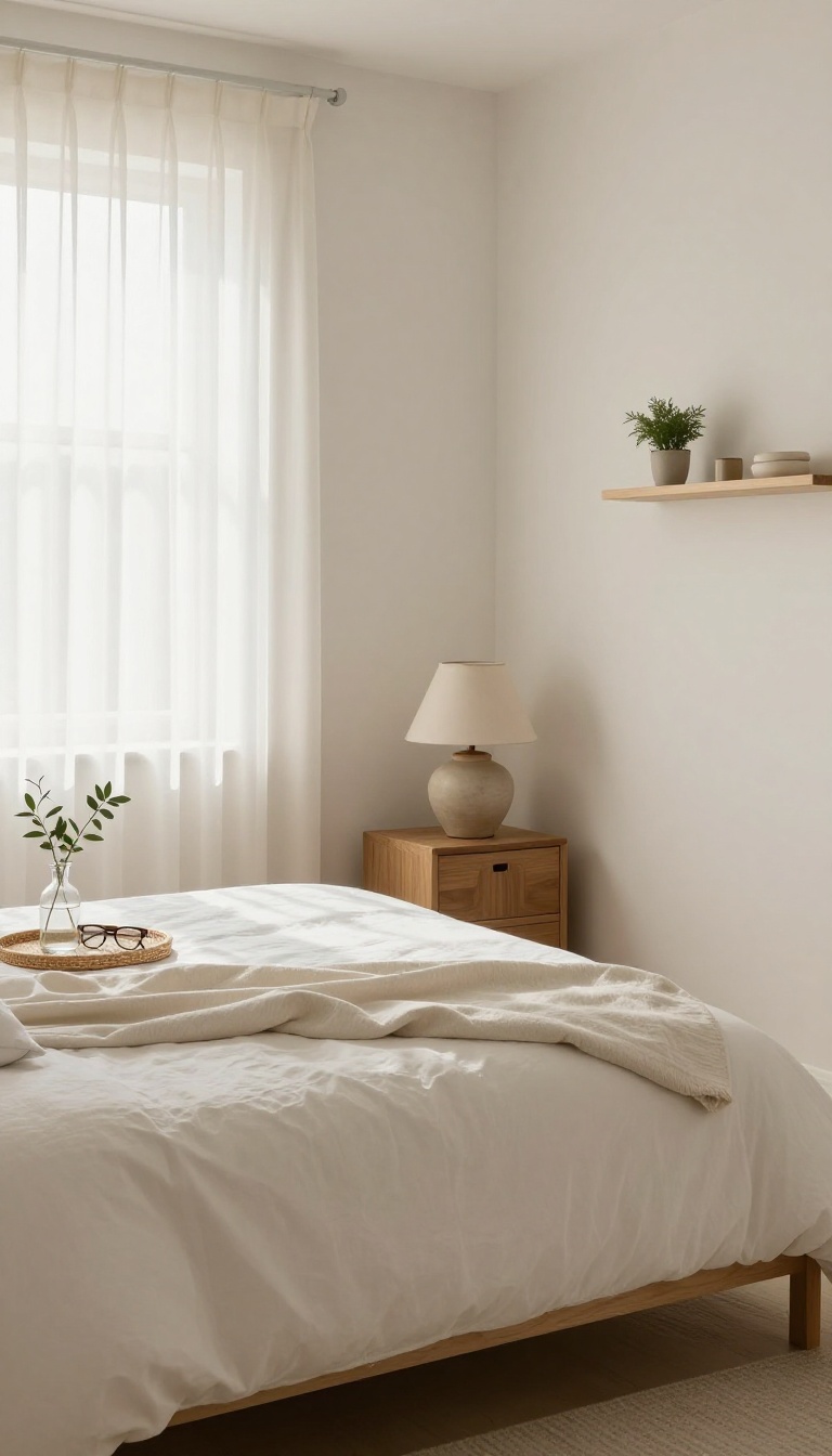 Bright small bedroom with a wooden nightstand holding only a ceramic lamp, a small vase, and a woven tray, styled with clean uncluttered Pottery Barn-inspired decor.