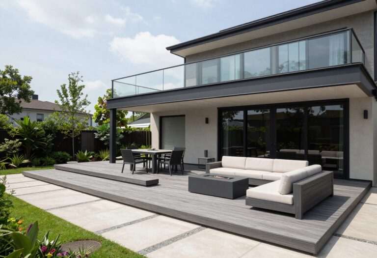 Modern multi-level composite deck with dining and lounging zones, glass railings, and clean neutral boards in a bright backyard