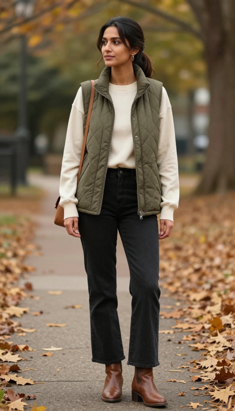 6. Quilted Vest and Black Flare Jeans for Transitional Weather