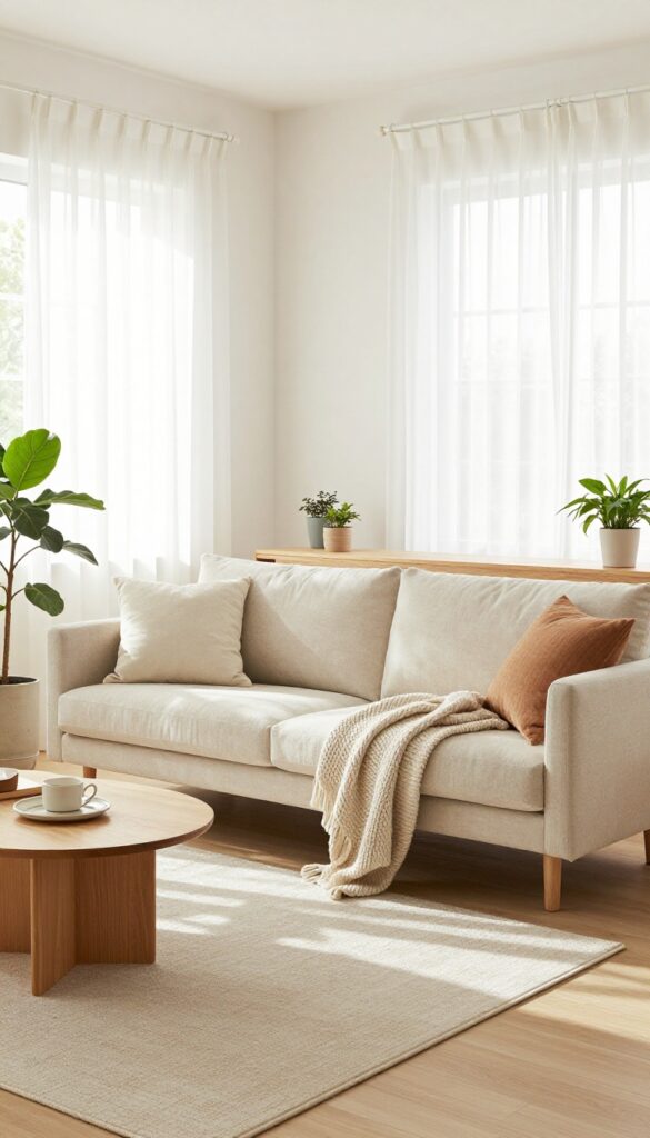 Cozy small living room with a sofa floated away from the wall, a console table behind it, an angled armchair, and a rug defining an inviting conversation area in bright natural light.