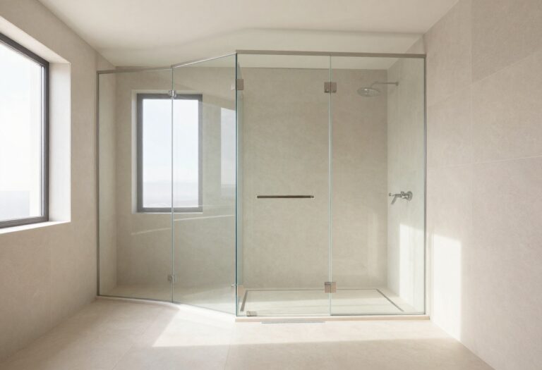 Bright modern walk-in shower with frameless glass and large format neutral tile in a clean luxe bathroom