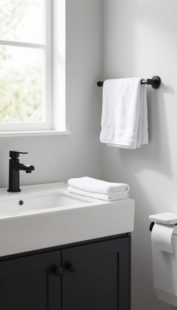 Modern bathroom vanity with matte black faucet, cabinet pulls, towel bar, and toilet paper holder in a cohesive designer finish, bright natural light.