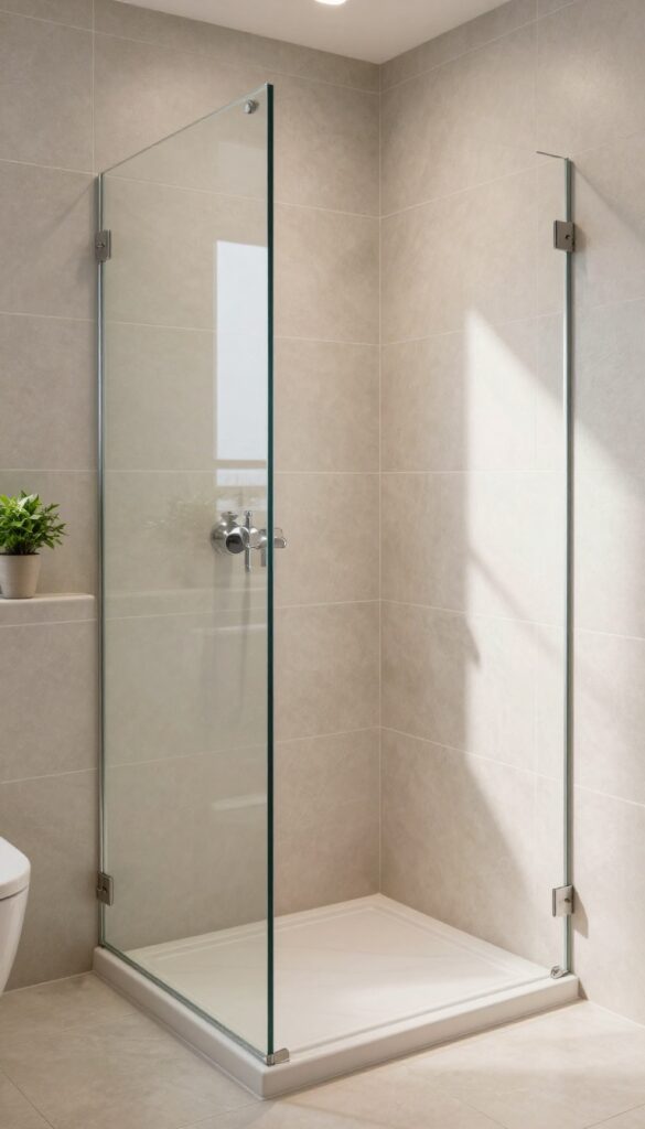 Bright open stand-up shower finished in light beige and soft gray matte tiles with matching grout, reflecting natural daylight in a small bathroom