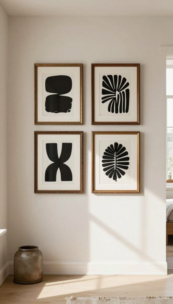 Bright bedroom wall with a small asymmetrical gallery of abstract black-and-white prints in ornate antique wooden and brass frames, lit by soft natural daylight