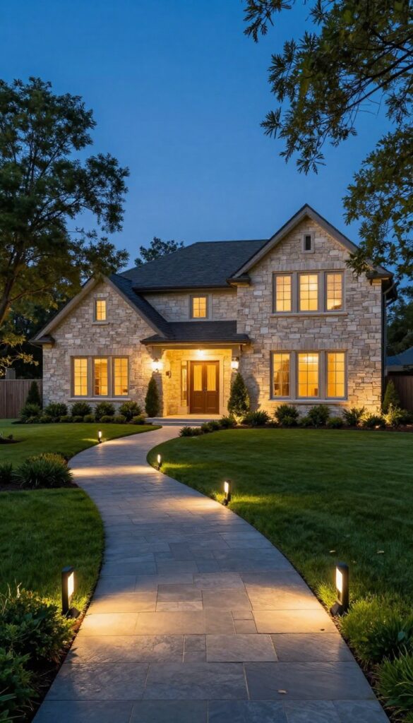Large front yard at dusk with warm uplights on trees and path lights along a curved walkway