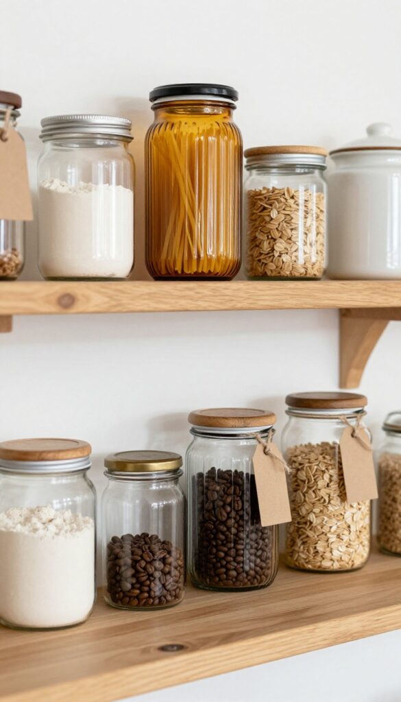 Vintage glass jars with metal and wooden lids holding pantry staples on an open wooden shelf in a bright old-world kitchen