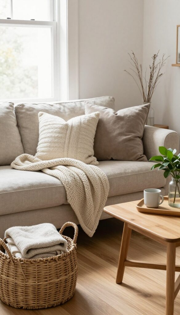 Cozy small living room corner with a neutral sofa, chunky knit throw, textured pillows, woven basket, wood tray, and a plant in bright natural light