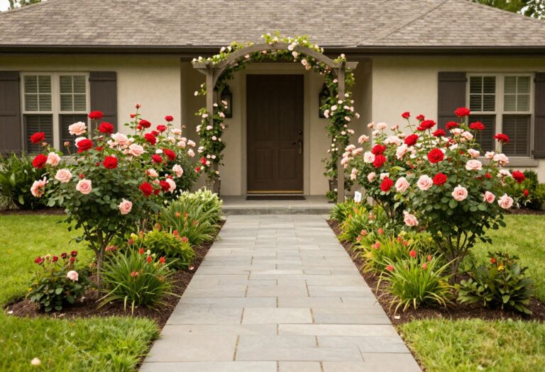 Symmetrical front walkway lined with matching blooming rose bushes leading to a rose-covered entry arch in a bright manicured front yard