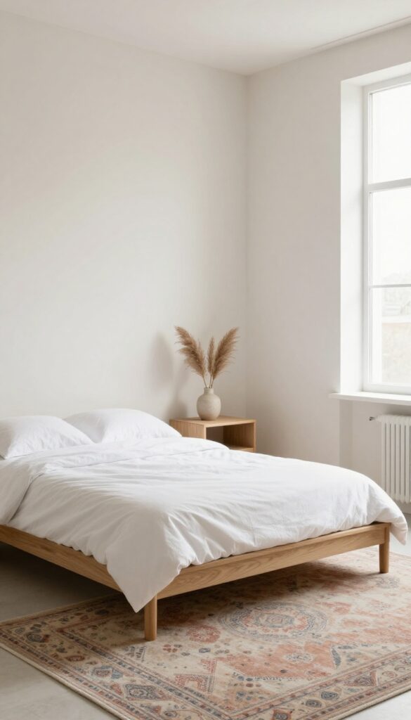 Minimalist bedroom with a low platform bed and a large faded vintage-style patterned rug extending beyond the bed, bright natural light, clean modern furniture, warm and airy