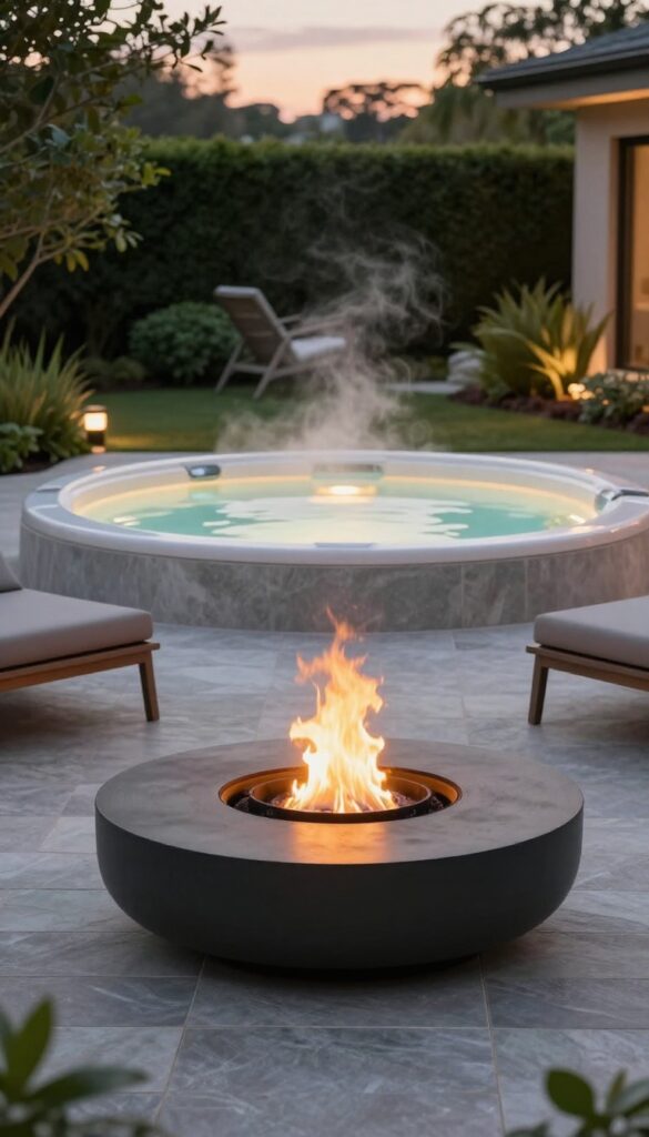 Outdoor jacuzzi with steaming water beside a modern metal fire bowl with flickering flames on a stone patio at dusk, with lounge chairs and greenery nearby