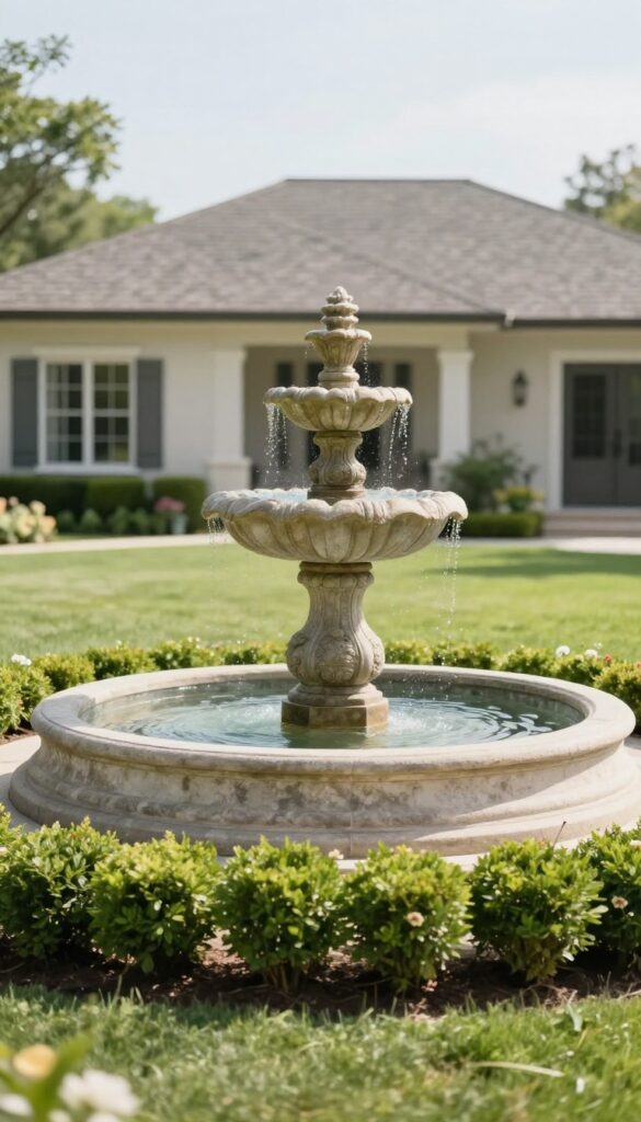 Classic tiered stone fountain centered on a manicured lawn in a large front yard under bright natural light