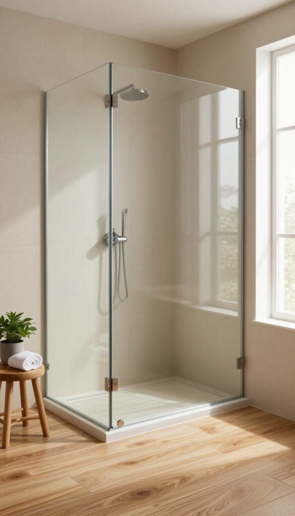 Warm wood-look tile floor inside a bright modern shower with neutral wall tiles and natural light