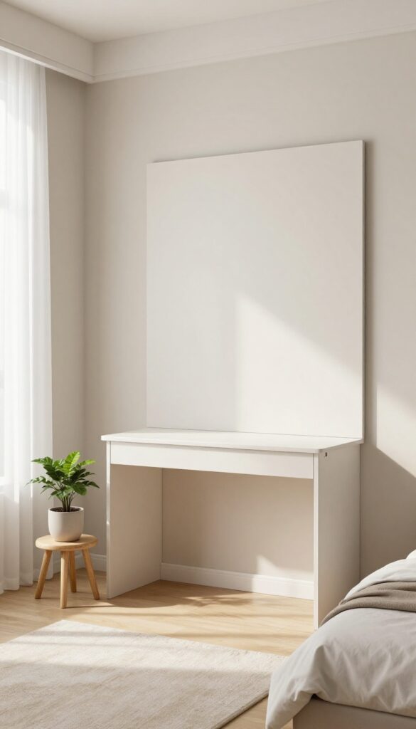 A bright bedroom with a fold-down wall desk closed to look like a wall panel, surrounded by cozy decor and natural light.